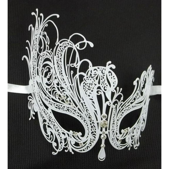 White Crystal Swan Laser Cut Venetian Mask Masquerade Metal Filigree Mardi Gras