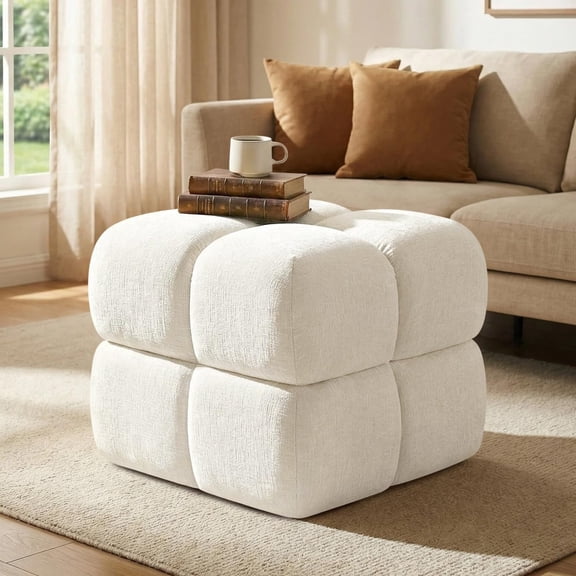 White Cube Pouf Ottoman Footrest with Storage, 20 Inch Square Plush