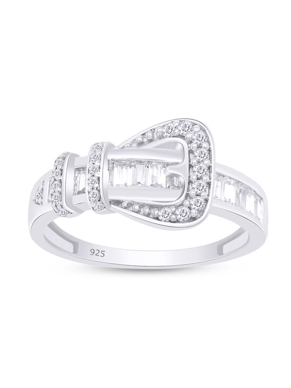 White Cubic Zirconia Belt Buckle Fashion Ring In 14k White Gold Over Sterling Silver, Ring Size-10.5
