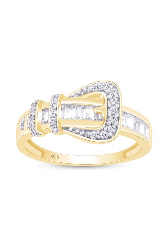 White Cubic Zirconia Belt Buckle Fashion Ring In 14k Yellow Gold Over Sterling Silver, Ring Size-12.5