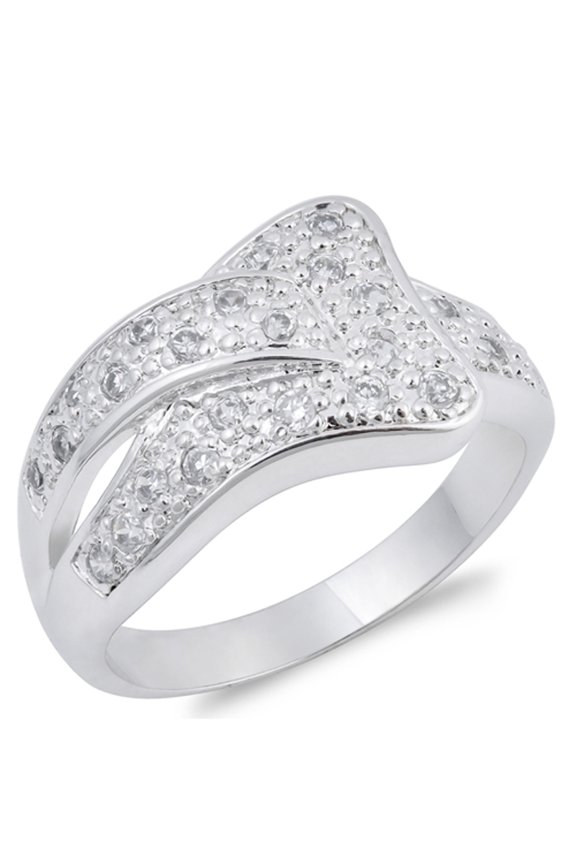 White Cubic Zirconia Belt Loop Criss Cross Ring Sterling Silver Band 925 Jewelry Female Male Size 8