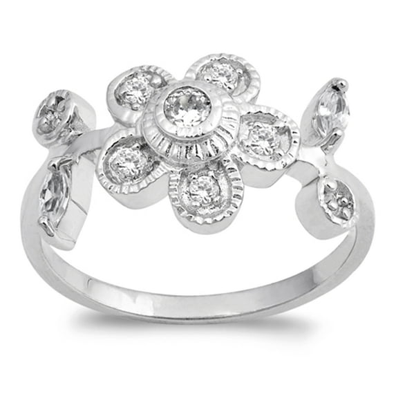 White Cubic Zirconia Bezel Flower Ring .925 Sterling Silver Band Jewelry Female Male Unisex Size 5