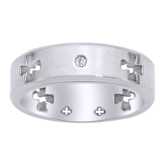 AFFY White Cubic Zirconia Celtic Cross Cut Out Brushed & Polished 7mm Band Ring in 14k White Gold Over Sterling Silver Ring Size - 13.5