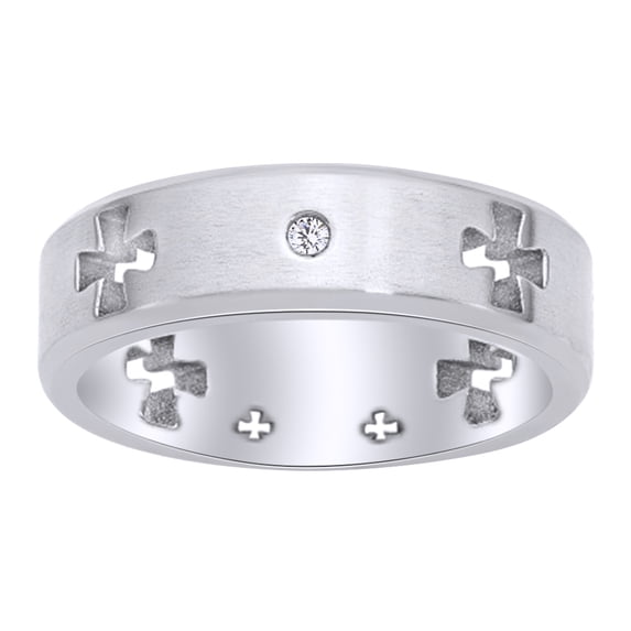 AFFY White Cubic Zirconia Celtic Cross Cut Out Brushed & Polished 7mm Band Ring in 14k White Gold Over Sterling Silver Ring Size - 13.5