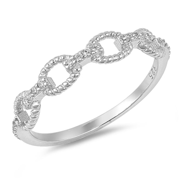 White Cubic Zirconia Chain Link Rope Knot Ring .925 Sterling Silver Band Jewelry Female Male Size 9