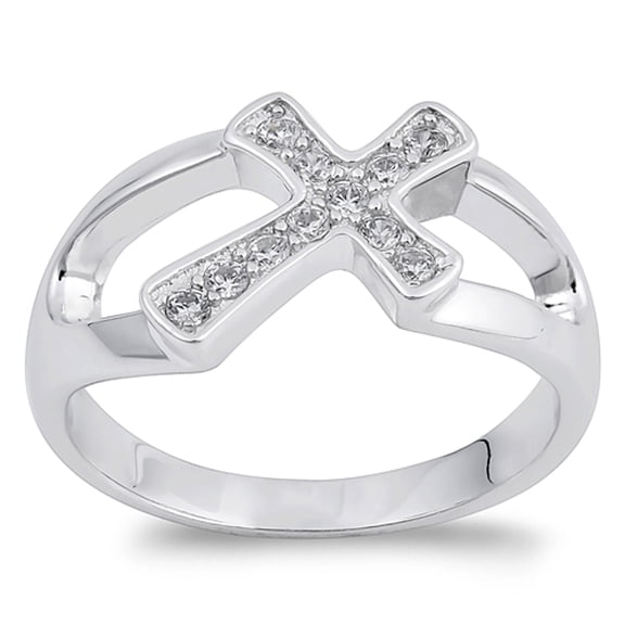 White Cubic Zirconia Christian Cross Ring .925 Sterling Silver Band Jewelry Female Male Size 9
