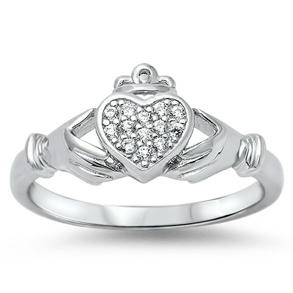 White Cubic Zirconia Claddagh Heart Ring .925 Sterling Silver Band Jewelry Female Male Size 10
