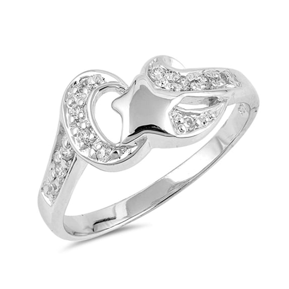 White Cubic Zirconia Crescent Moon Ring .925 Sterling Silver Band Jewelry Female Male Unisex Size 8