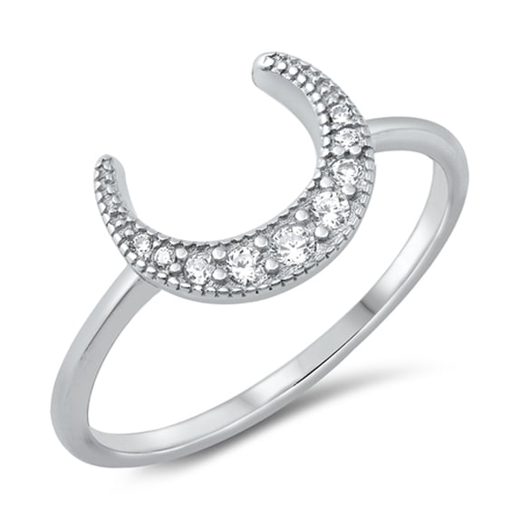 White Cubic Zirconia Crescent Moon Ring .925 Sterling Silver Band Jewelry Female Male Unisex Size 9