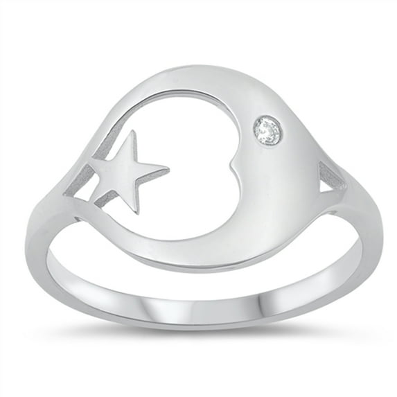 White Cubic Zirconia Crescent Moon Star Ring .925 Sterling Silver Band Jewelry Female Male Size 9