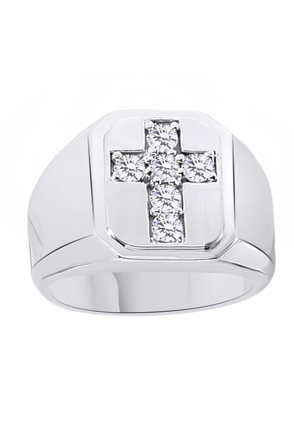 White Cubic Zirconia Cross Symbol Wedding Band Ring For Men's In 14k White Gold Over Sterling Silver (0.88 Cttw)