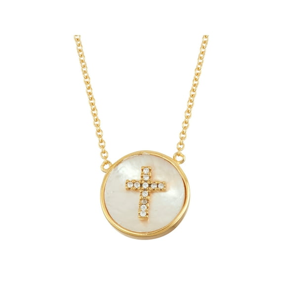 White Cubic Zirconia Cross and Mother of Pearl 18kt Gold over Sterling Silver Circle Necklace, 18"