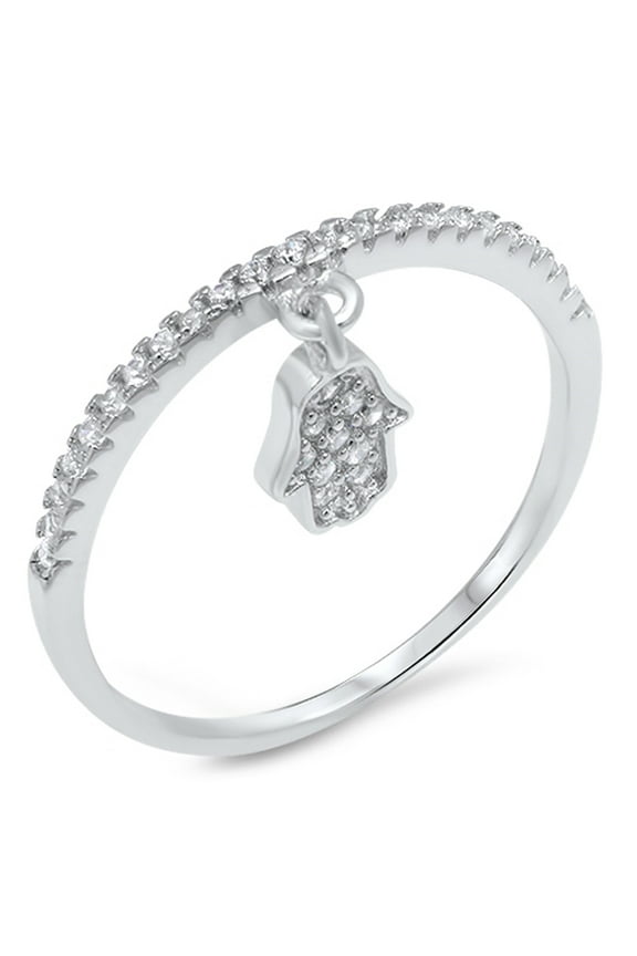 White Cubic Zirconia Dangling Hamsa Ring 925 Sterling Silver Hand of God Band Jewelry Female Size 6