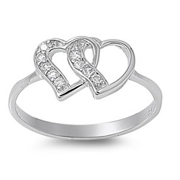 White Cubic Zirconia Double Heart Cutout Ring .925 Sterling Silver Band Jewelry Female Male Size 7