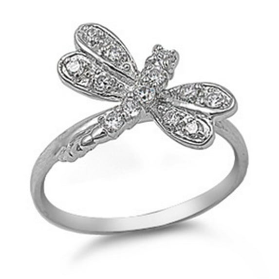White Cubic Zirconia Dragonfly Animal Wing Ring .925 Sterling Silver Band Jewelry Female Male Size 6