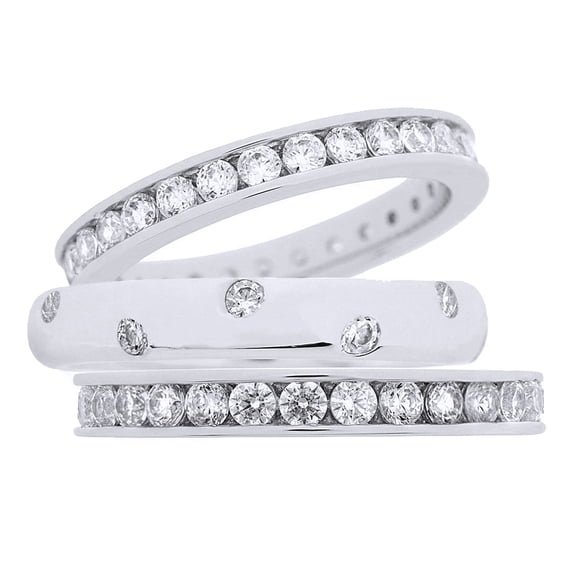 AFFY White Cubic Zirconia Engagement & Wedding Eternity Band Trio Ring Set In 14k White Gold Over Sterling Silver (1.8 Cttw)