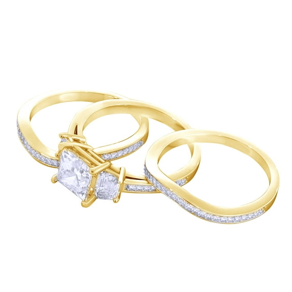 AFFY White Cubic Zirconia Engagement & Wedding Three Stone Trio Ring Set In 14k Yellow Gold (2.62 Cttw)