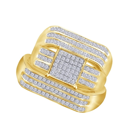 AFFY White Cubic Zirconia Engagement & Wedding Trio Band Ring Set In 14k Yellow Gold (0.66 Cttw)