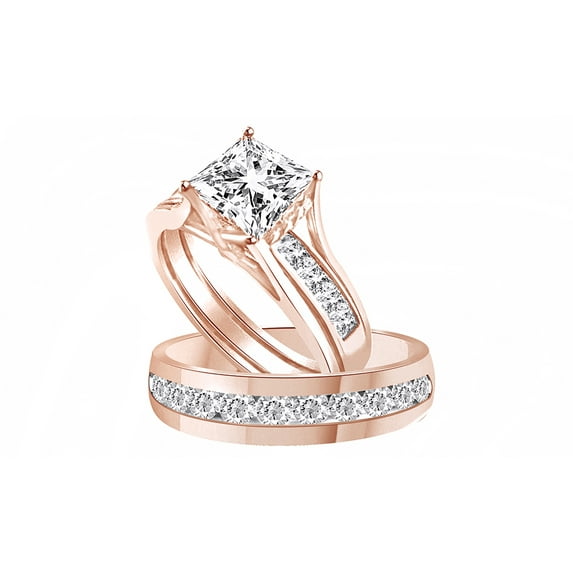 AFFY White Cubic Zirconia Engagement & Wedding Trio Fashion Ring Set In 14k Rose Gold (3.65 Cttw)