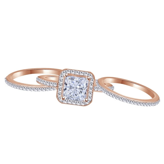 AFFY White Cubic Zirconia Engagement & Wedding Trio Solitaire Ring Set In 14k Rose Gold (2.12 Cttw)