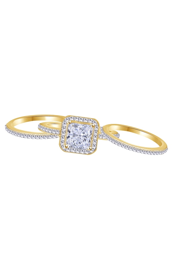 White Cubic Zirconia Engagement & Wedding Trio Solitaire Ring Set In 14k Yellow Gold (2.12 Cttw)