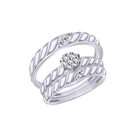 AFFY White Cubic Zirconia Engagement and Wedding Trio Fashion Ring Set In 14K White Gold Over 925 Sterling Silver (1.5 Cttw), Ring Size-9.5