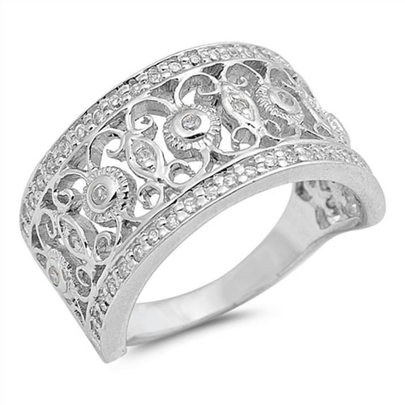 White Cubic Zirconia Filigree Flower Ring .925 Sterling Silver Band Jewelry Female Male Size 9