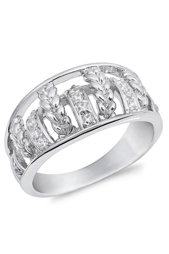 White Cubic Zirconia Filigree Leaf Vine Cutout Ring .925 Sterling Silver Band Jewelry Female Size 10