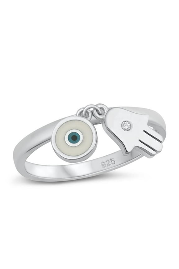 White Cubic Zirconia Hamsa & Evil Eye Charm Ring .925 Sterling Silver Band Jewelry Female Size 10