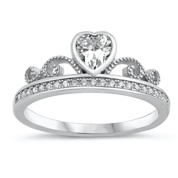 White Cubic Zirconia Heart Bezel Tiara Crown Ring .925 Sterling Silver Band Jewelry Female Size 10