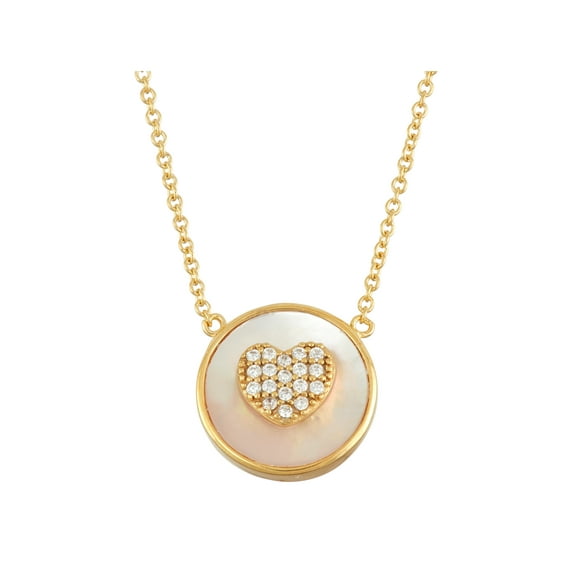 White Cubic Zirconia Heart Pave and Mother of Pearl 18kt Gold over Sterling Silver Circle Necklace, 18"