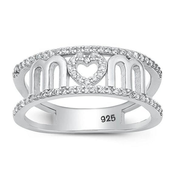 White Cubic Zirconia Love Mom Heart Ring .925 Sterling Silver Band Jewelry Female Male Unisex Size 7