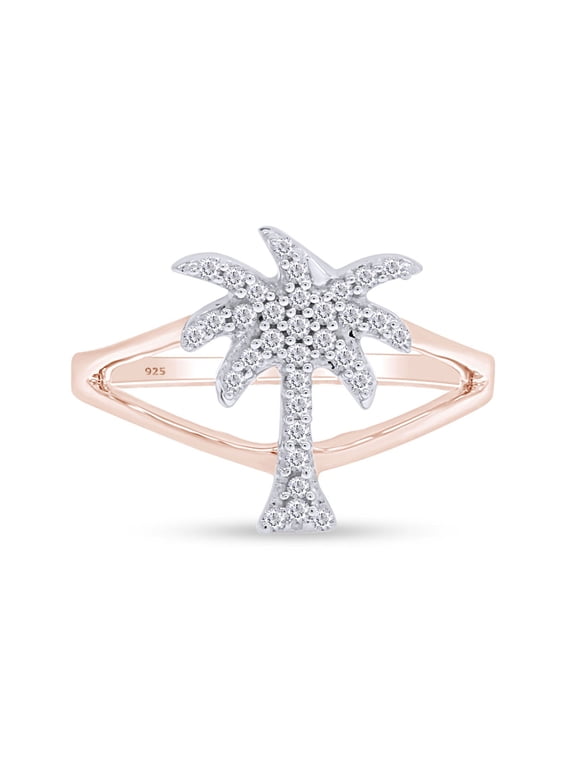 White Cubic Zirconia Palm Tree Shape Band Ring In 14k Rose Gold Over Sterling Silver