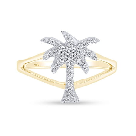 White Cubic Zirconia Palm Tree Shape Band Ring In 14k Yellow Gold Over Sterling Silver