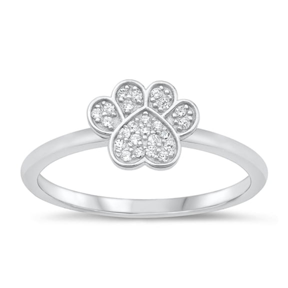 White Cubic Zirconia Paw Print Ring .925 Sterling Silver Animal Band Jewelry Female Male Size 4