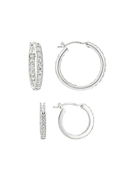 White Cubic Zirconia Platinum Over Sterling Silver Hoop Earring Set 1.14 ctw – Diamond Simulant, Double Pierced, Inside-Out & Classic Hoop Duo