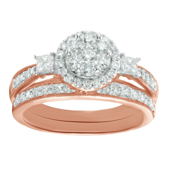 AFFY White Cubic Zirconia Round Flower Bridal Ring Set In 10k Rose Gold (1 Cttw)