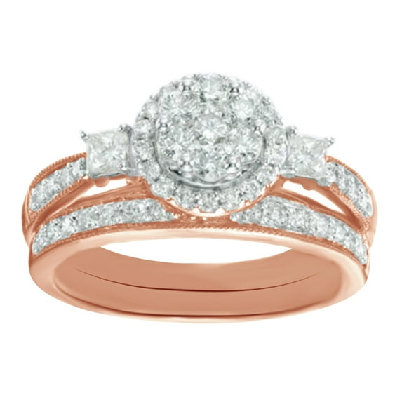 AFFY White Cubic Zirconia Round Flower Bridal Ring Set In 10k Rose Gold (1 Cttw)