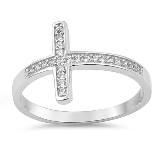White Cubic Zirconia Sideways Cross Christian Ring .925 Sterling Silver Band Jewelry Female Size 4