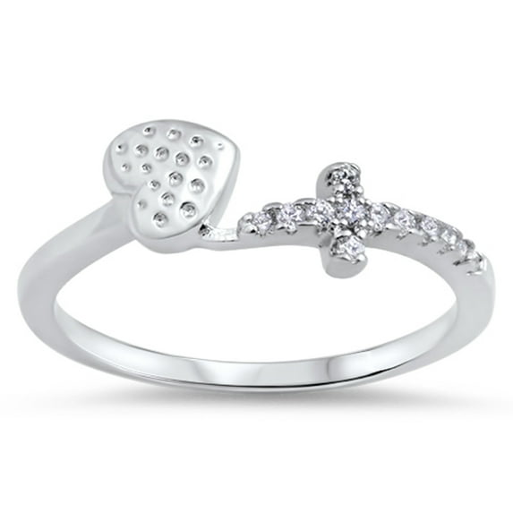 White Cubic Zirconia Sideways Cross Heart Love Ring .925 Sterling Silver Band Jewelry Female Size 9