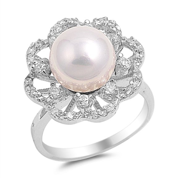 White Cubic Zirconia Simulated Pearl Flower Ring .925 Sterling Silver Band Jewelry Female Size 6