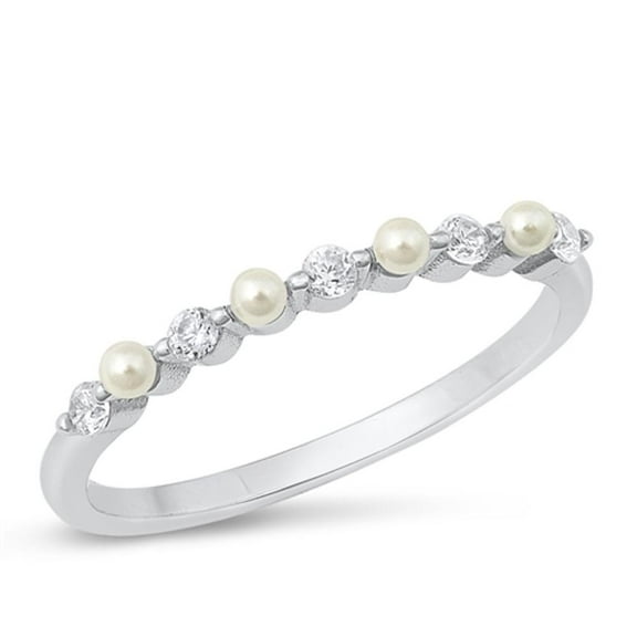 White Cubic Zirconia Simulated Pearl Promise Ring .925 Sterling Silver Band Jewelry Female Size 7