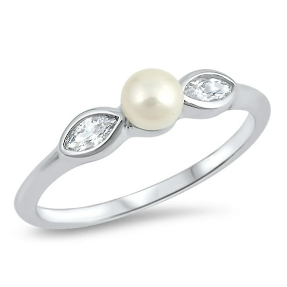 White Cubic Zirconia Simulated Pearl Ring .925 Sterling Silver Band Jewelry Female Male Size 6
