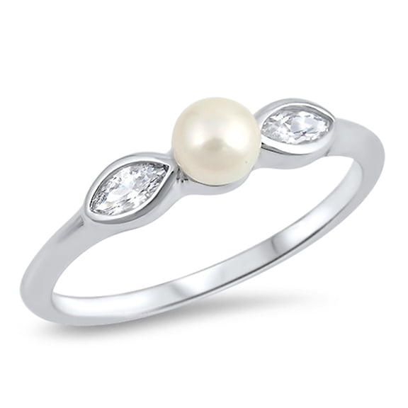 White Cubic Zirconia Simulated Pearl Ring .925 Sterling Silver Band Jewelry Female Male Size 9