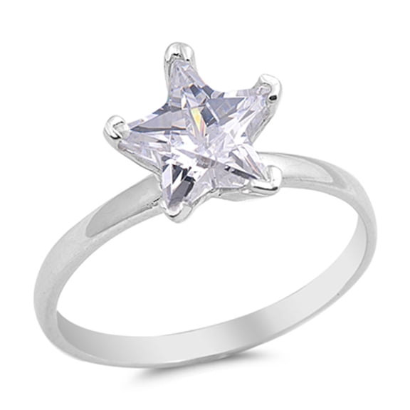 White Cubic Zirconia Star Solitaire Ring .925 Sterling Silver Band Jewelry Female Male Unisex Size 4