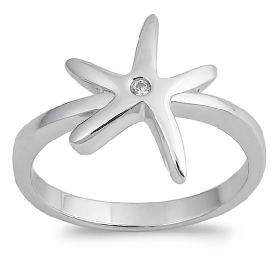 White Cubic Zirconia Starfish Solitaire Ring .925 Sterling Silver Band Jewelry Female Male Size 9