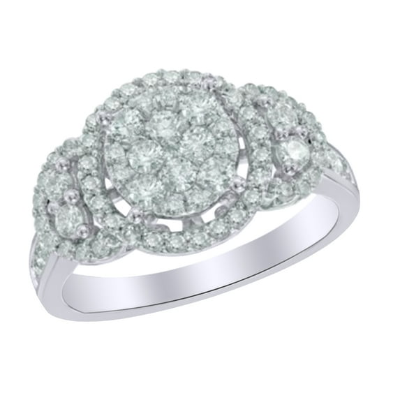 AFFY White Cubic Zirconia Three Stone Cluster Frame Ring In 10k White Gold (1 Cttw)