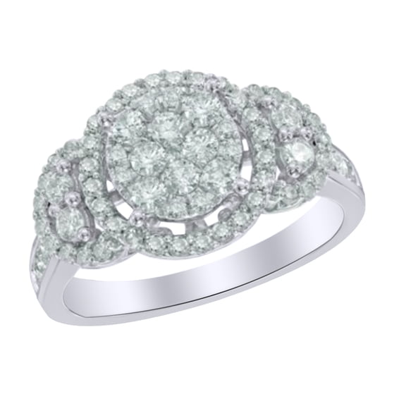 AFFY White Cubic Zirconia Three Stone Cluster Frame Ring In 10k White Gold (1 Cttw)