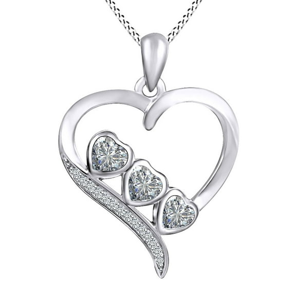 AFFY White Cubic Zirconia Three Stone Heart Pendant Necklace 14k White Gold Over Sterling Silver