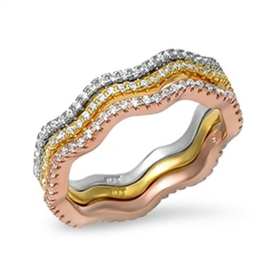 White Cubic Zirconia Three Tone Elegant Ring Set .925 Sterling Silver Band Jewelry Female Size 9